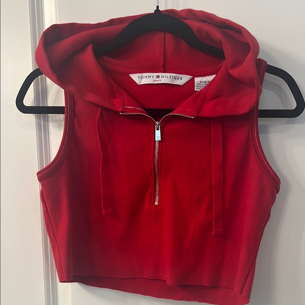 Tommy Hilfiger Red Sleeveless cropped  Hoodie Top Y2K